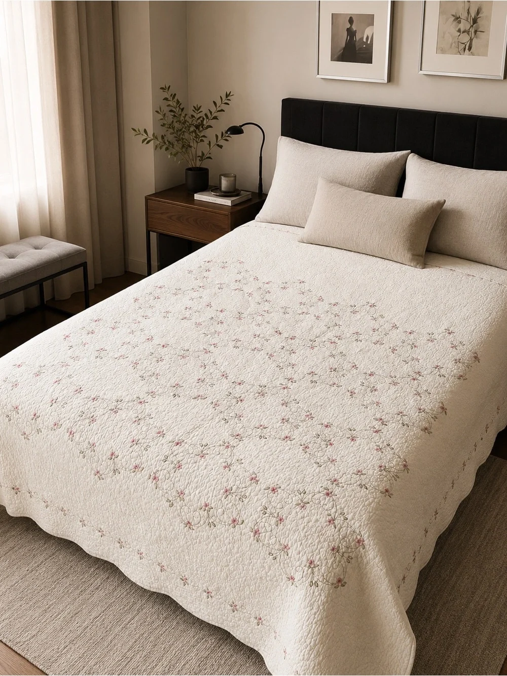 QUILT QUEEN KING ORGANIC COTTON FLORAL EMBROIDERY WHITE CREAM PINK